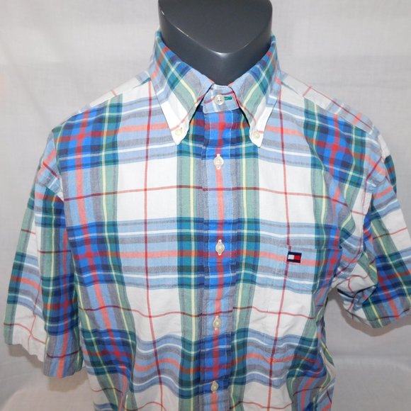 Vintage 90s Tommy Hilfiger Mens L Plaid Button Front Short Sleeve Shirt - Picture 3 of 10
